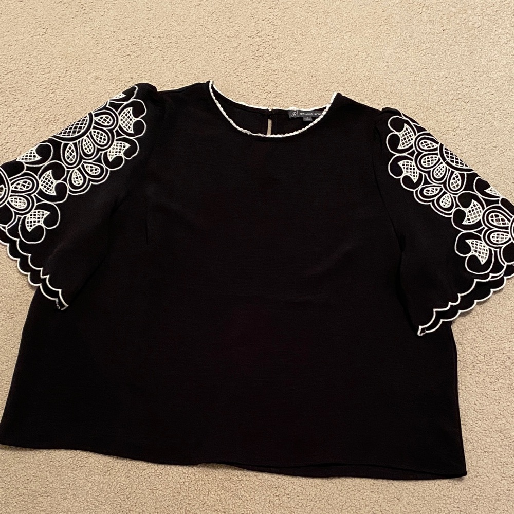 Adrianna Papell Black Blouse with White Embroidered Sleeves